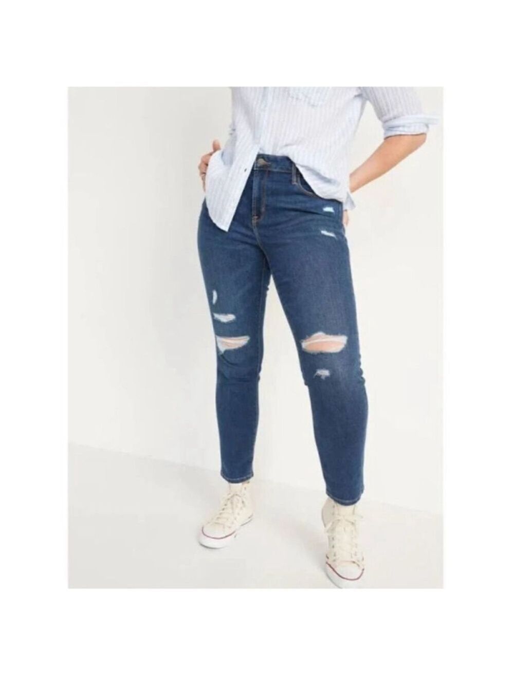 Size 20 midrise Old Navy Power Slim Straight blue jeans distressed whiskered